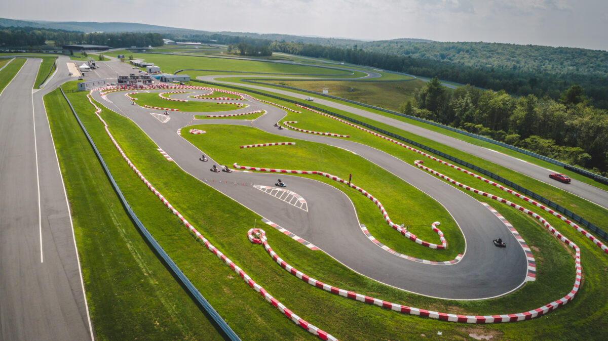 An aerial view of the karting track as guests are racing on it